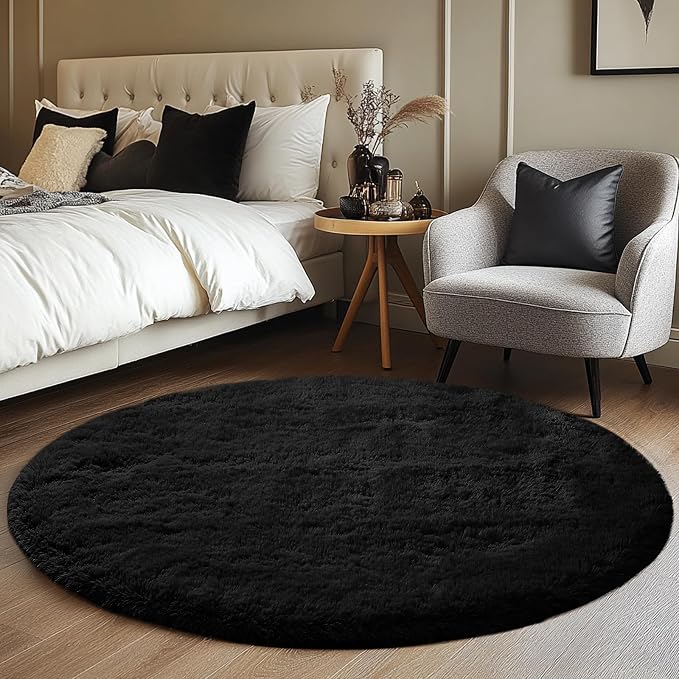 CAIYUECS Black Round Rug for Bedroom 5x5Feet: Soft and Fluffy Area Rug for Boys - Image 3
