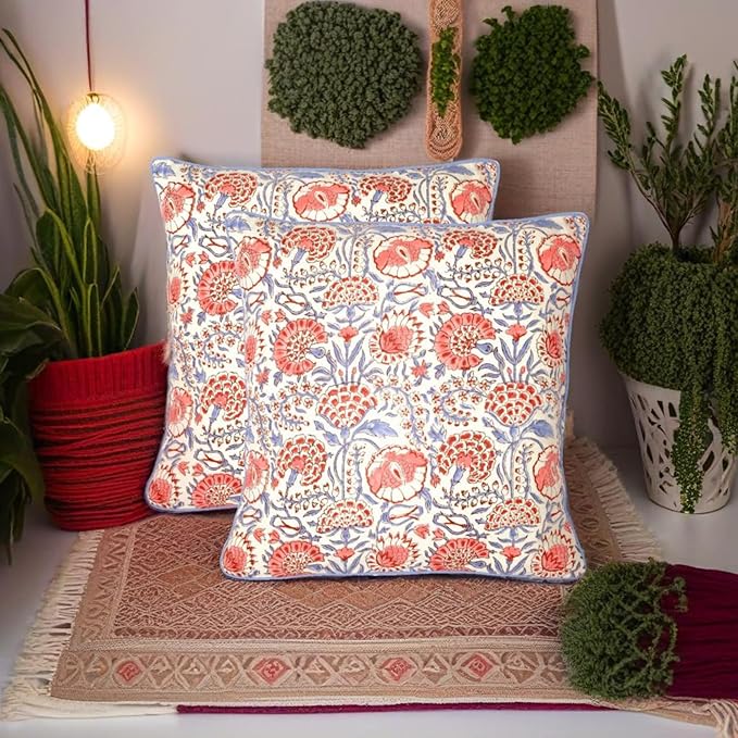 Ridhi Block Print Flamingo Pink Pillow Cover 16" x 16" Decorative Couch Pillows - Image 2