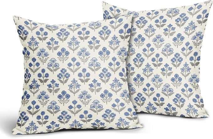 Blue Grey Gray Floral Pillow Covers 24x24 Inch Set of 2, Vintage Flower Block - Image 2