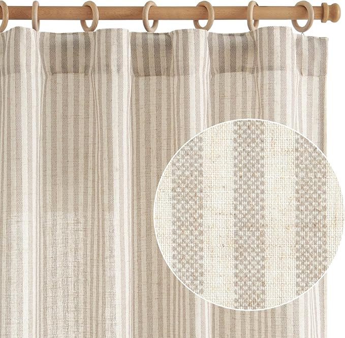 jinchan Linen Curtains Taupe Grey on Beige Striped Curtains - Image 2