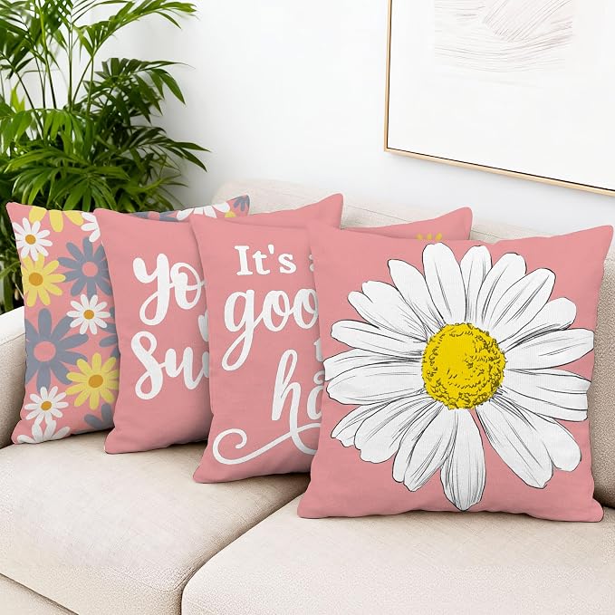 Hexagram Spring Summer Pillow Covers 18x18 Set of 4, Outdoor Floral Daisy - Image 2