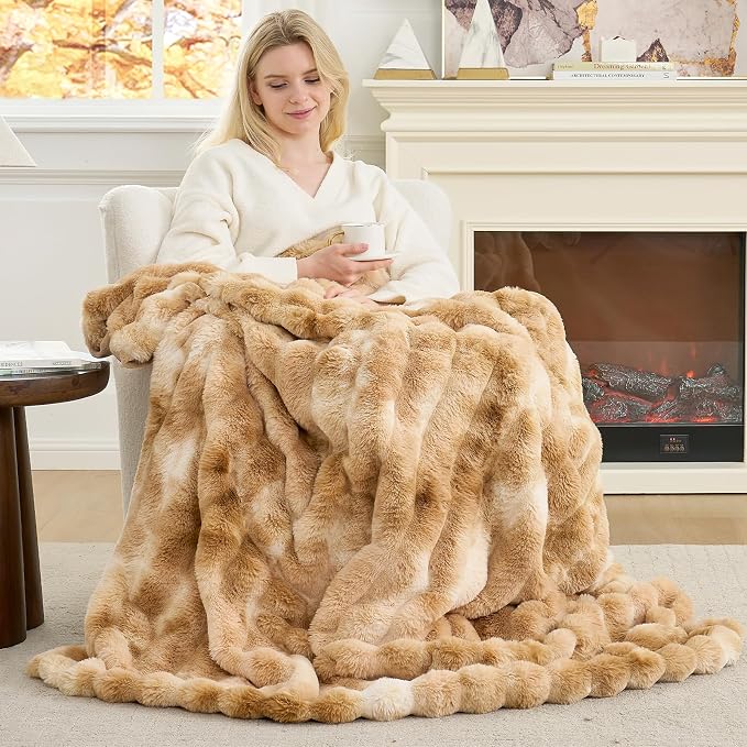 Cozy Bliss Deluxe Striped Rabbit Faux Fur Throw Blanket, Soft Fluffy Warm Plush - Image 2