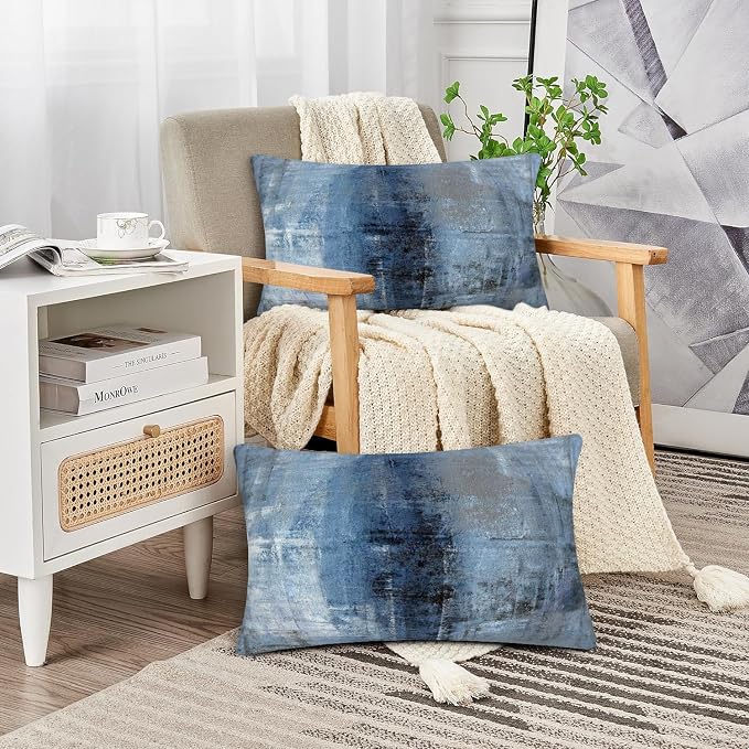 Blue and Grey Abstract Art Artwork Pillow Cover, Gallery Modern Decorative - Image 5