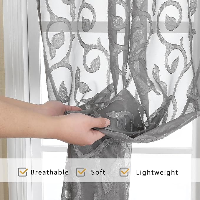 OWENIE Furman Grey Sheer Curtains 54 Inch Length 2 Panels Set - Image 5