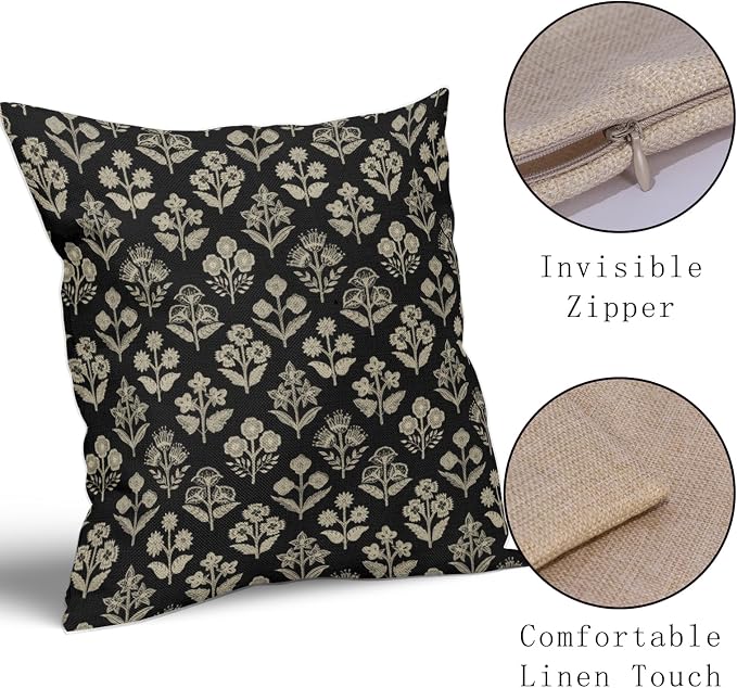 Black Floral Block Print Pillow Covers 18x18 Inch Set of 2, Vintage Flower - Image 4