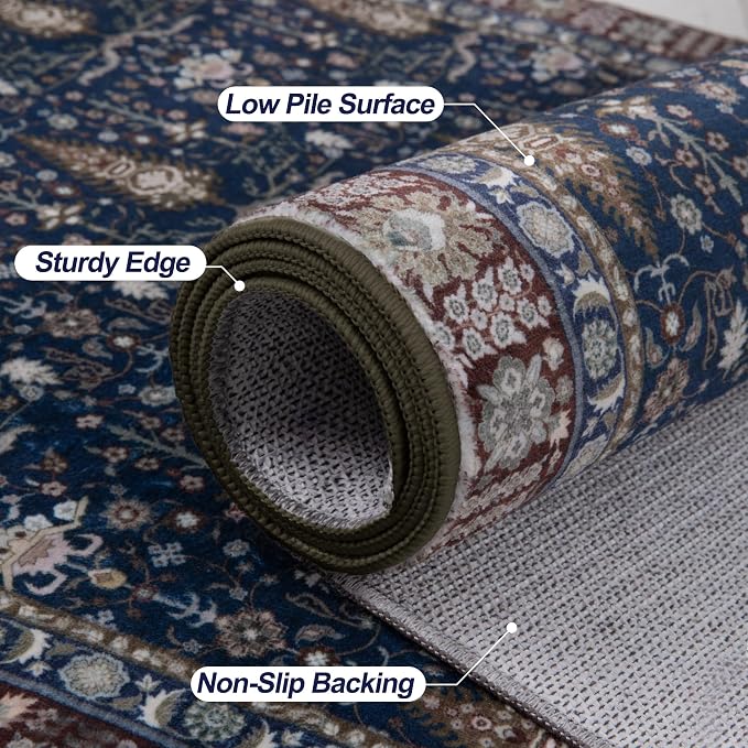 Tangsoo Washable Runner Rug for Hallway Non Slip, 2.6x8 Blue Rug Floral Vintage - Image 5