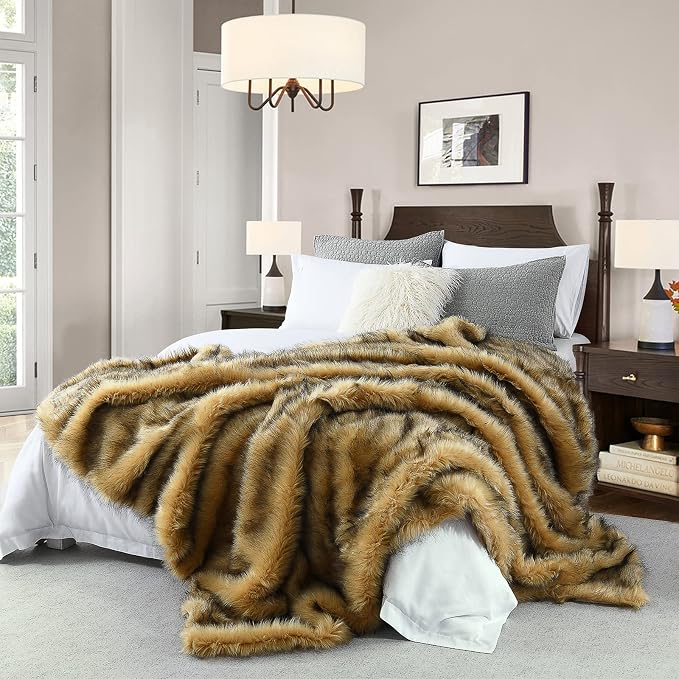 Luxury Plush Faux Fur Blanket Queen Size, Long Pile Golden Yellow by HORIMOTEHOME