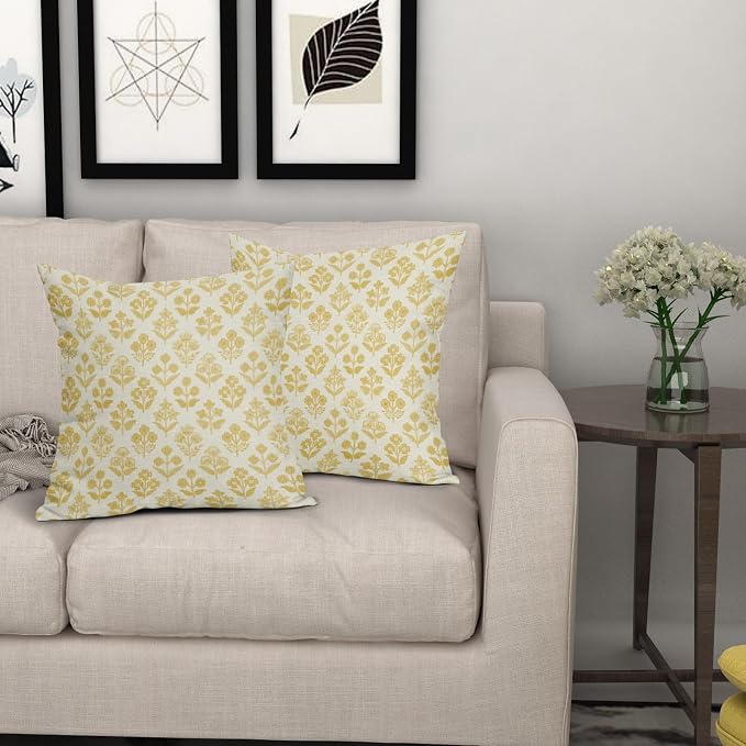 Yellow Floral Pillow Covers 22x22 Inch Set of 2, Vintage Flower Block Print - Image 7