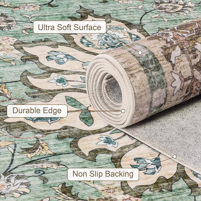 5x7 Area Rugs Living Room Rug: Washable Vintage Distressed Floral Rug No Slip - Image 7