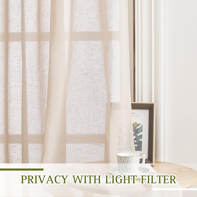 NICETOWN Beige Linen Sheer 48 inch Curtains, Grommet Flax Semi Sheer Linen - Image 5