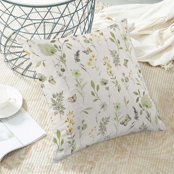 AEIOAE Spring Pillow Covers 16x16 Inch Set of 2, Sage Green Yellow Wild Flower - Image 4