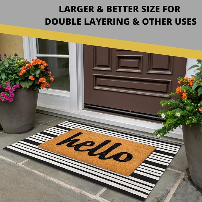 KOZYFLY Black and White Striped Doormat 2x3 Ft Small Area Rug Cotton Front - Image 2