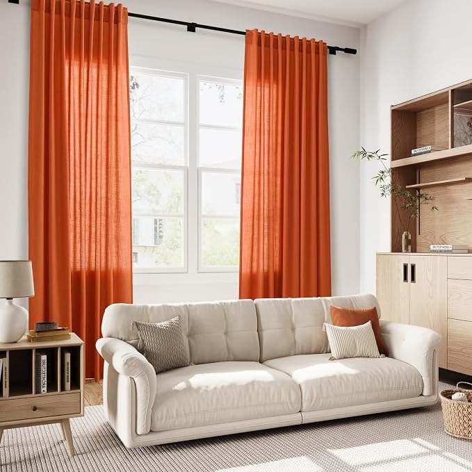 Nanspring Bright Orange Linen Blend Light Filtering Back Tab Curtains 102 - Image 7