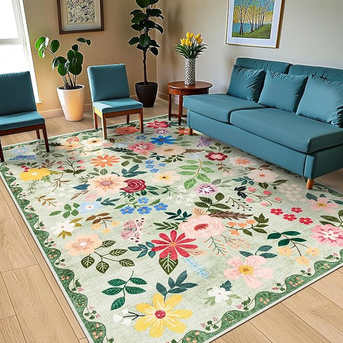 10x14 Area Rugs for Living Room: Floral Washable Rug Vintage Large Soft Boho - Image 2