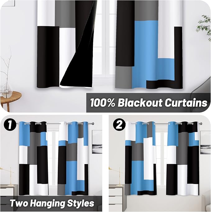 Tyrot Light Blue 100% Blackout Curtains 45 inch Length 2 Panels Set White Grey - Image 2