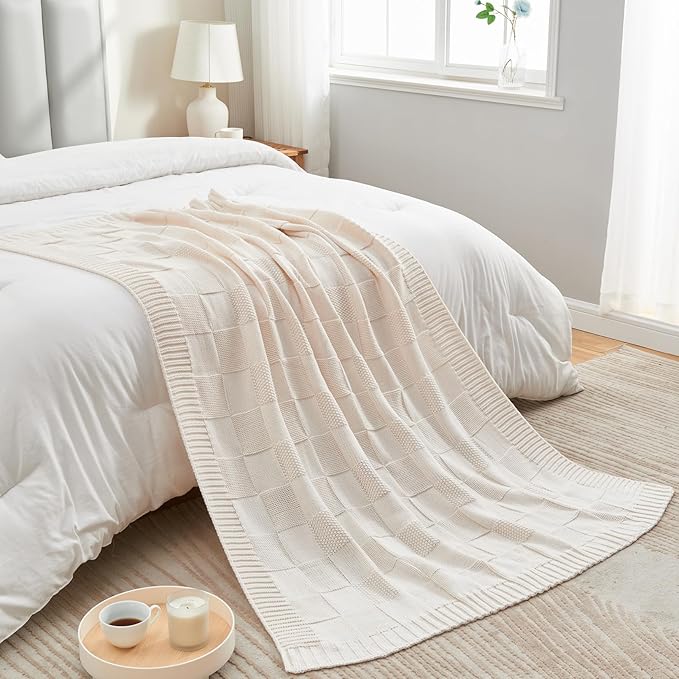 CozeCube Check Knit Throw Blanket, Cream White Checkered Throw - Image 3
