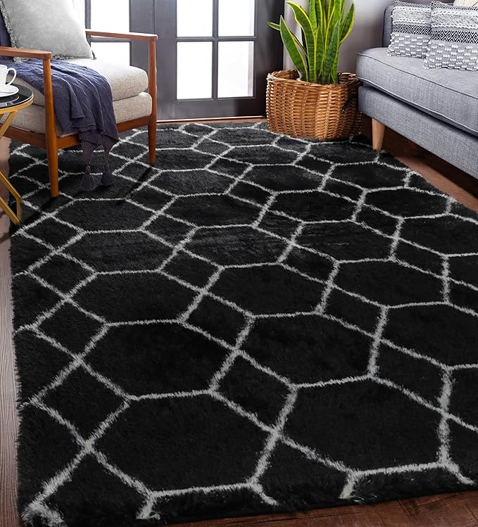 ONASAR Area Rugs for Living Room Bedroom, 5x8 Fluffy Black and White Rug - Image 3