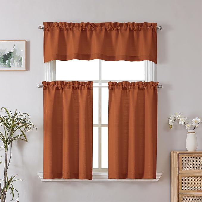 Chyhomenyc Orange Faux Linen Slub Textured Semi Sheer Small Window Kitchen - Image 2