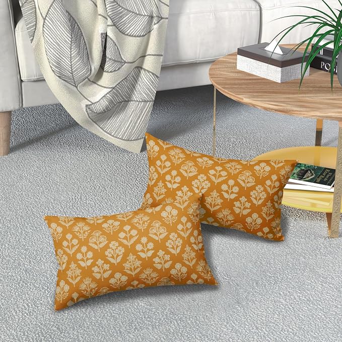 Mustard Yellow Pillow Covers 12x20 Inch Set of 2, Cream Floral Block Print - Image 7