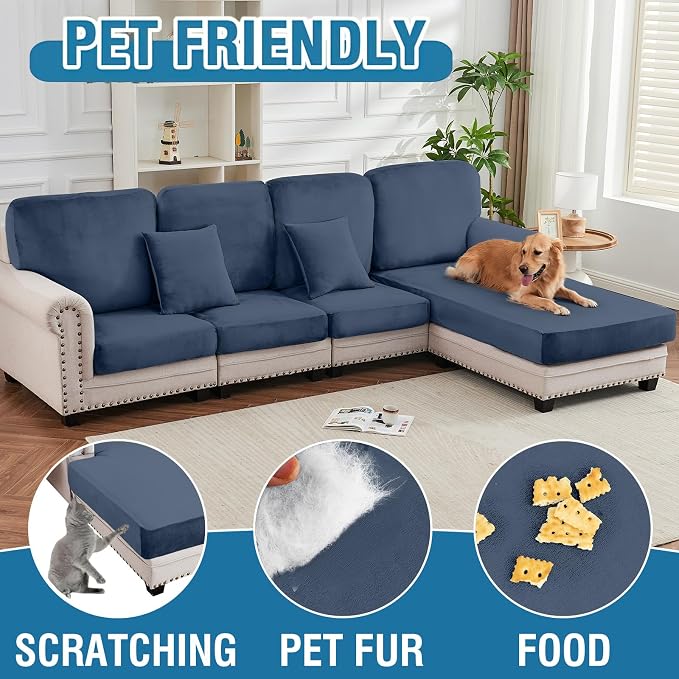 Couch Cover 6-Piece Elastic Velvet Couch Cushion Covers & Chaise Slipcovers - Image 3