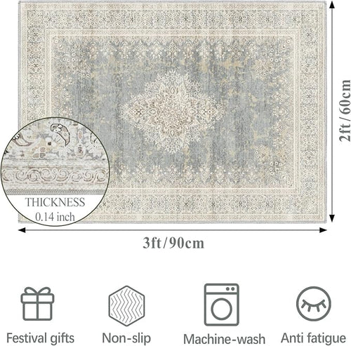 2x3 Entryway Rug Non-Slip Washable Thin Indoor Vintage Rug Low-Pile Floor Carpet - Image 2