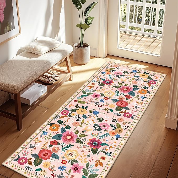RELEANY Floral 2x6 Area Rug Machine Washable Soft Print Boho Carpet Non Slip - Image 2