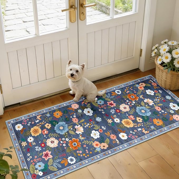 RELEANY Floral Nursery 2x5 Area Rugs Washable Print Boho Cute Carpet Non Slip by RELEANY