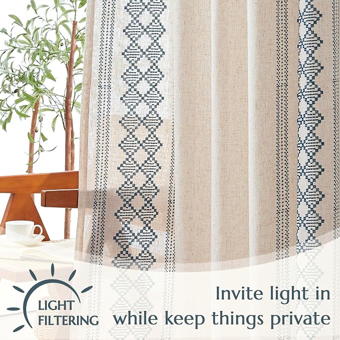 jinchan Boho Curtains Linen Blend Beige Farmhouse Curtains 84 Inches Long - Image 4