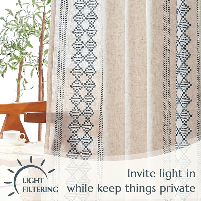 jinchan Boho Curtains Linen Blend Beige Farmhouse Curtains 63 Inches Long - Image 4