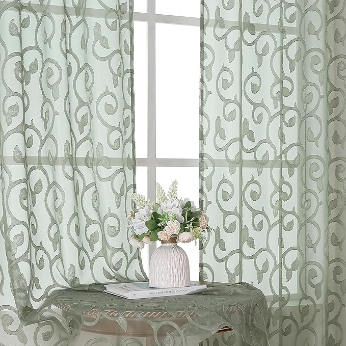 OWENIE Furman Sheer Sage Green Curtains 90 inches Long by OWENIE