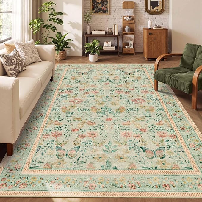 Rugxara Floral 5x7 Washable Area Rug, Vintage Boho, Non Slip Low Pile Wool - Image 2