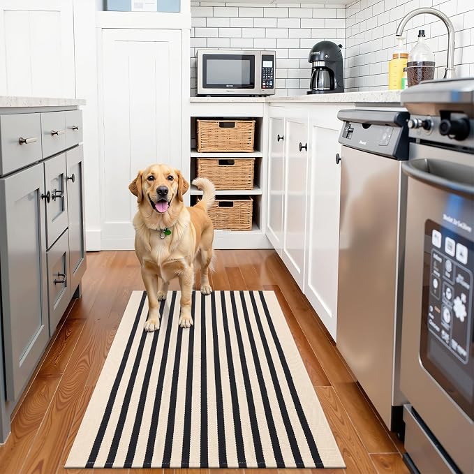 OLANLY Beige and Black Striped Rug 2'4" x 3'7" – Washable Cotton Doormat - Image 3