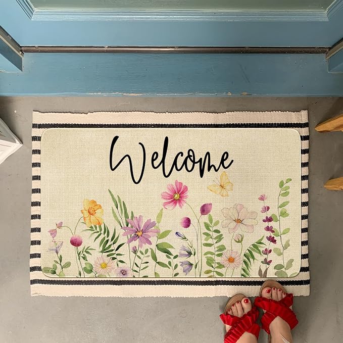 Spring Summer Door Mat, Flower Floral Butterfly Indoor Outdoor Non-Slip Doormat - Image 2