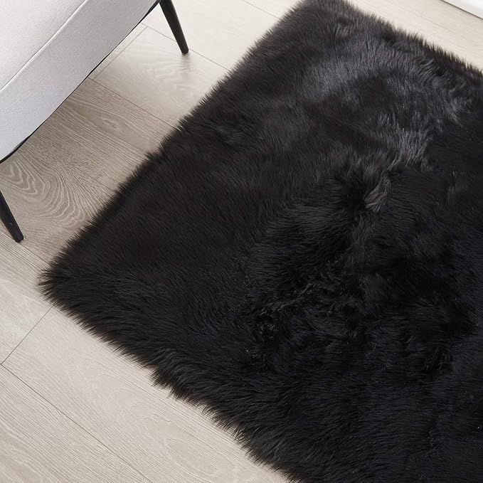 SERISSA Ultra Soft Faux Fur Area Rug Black Fluffy Rug Plush Chair Cover Seat - Image 5