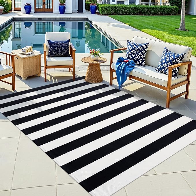 OLANLY Black and White Striped Rug 4' x 6' – Washable Cotton Indoor Outdoor - Image 5