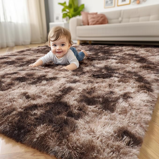 Amdrebio Tie-Dyed Brown Rugs for Bedroom Living Room, 8x10 Large Fluffy Shaggy - Image 8