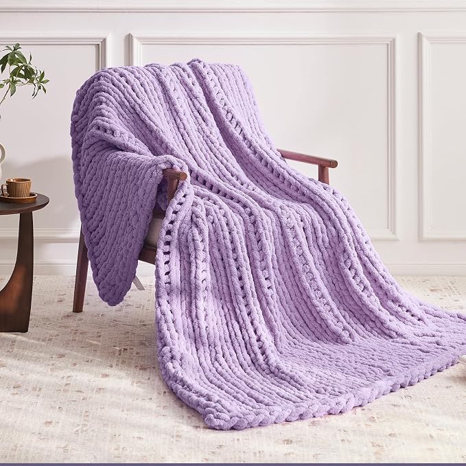 Negwoo Chunky Knit Throw Blanket, Handmade Light Purple Crochet Big Thick - Image 2