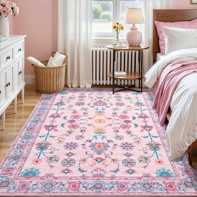 Tangsoo 4x6 Washable Area Rug, Non Slip Pink Floral Rug - Image 3