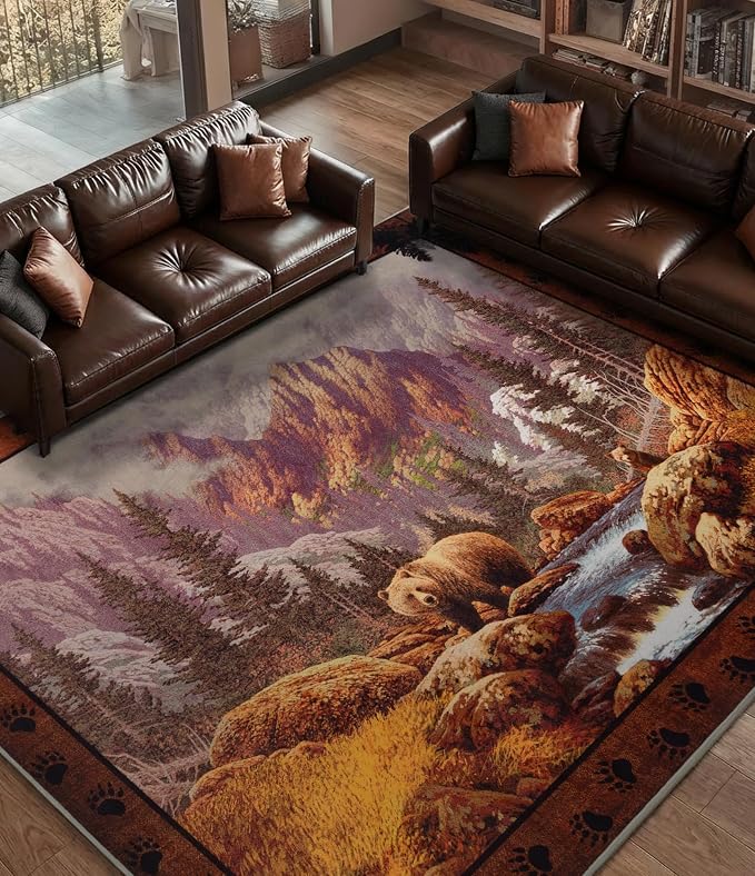 YIHOUSE Rustic Cabin Area Rug for Bedroom 5x7, Machine Washable Woodland Bear - Image 8