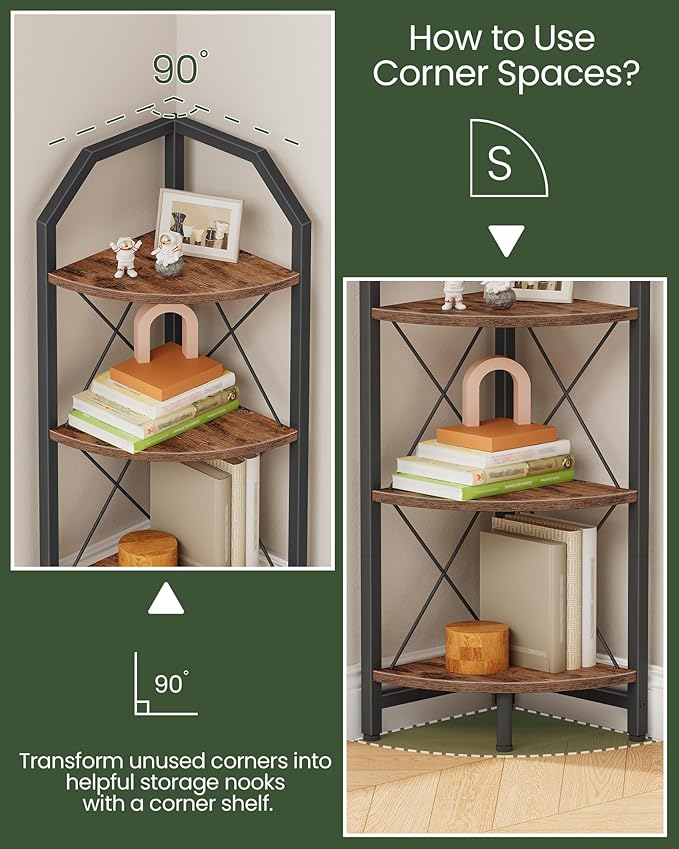 CHOEZON 3-Tier Corner Shelf, Industrial Corner Bookshelf, 35.4" Storage Stand - Image 3