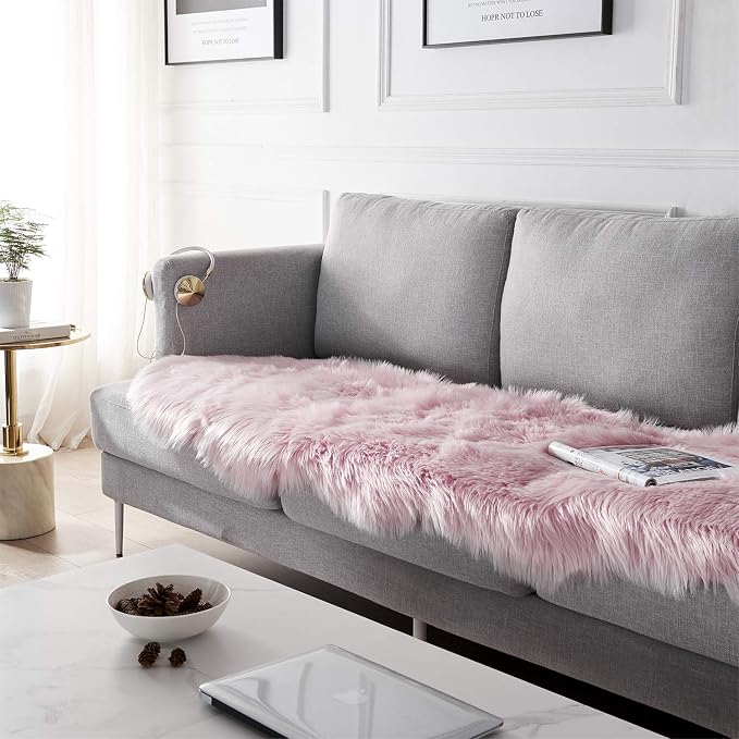 SERISSA Ultra Soft Fluffy Pink Faux Sheepskin Fur Shaggy Couch Cover Furry - Image 3
