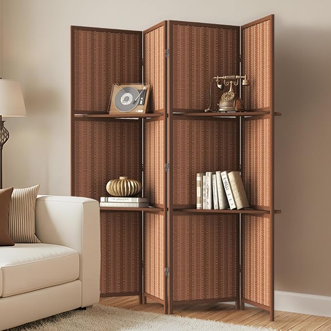 Bamboo Room Divider with Shelves, Natural Privacy Screen with Storage Board by Jostyle