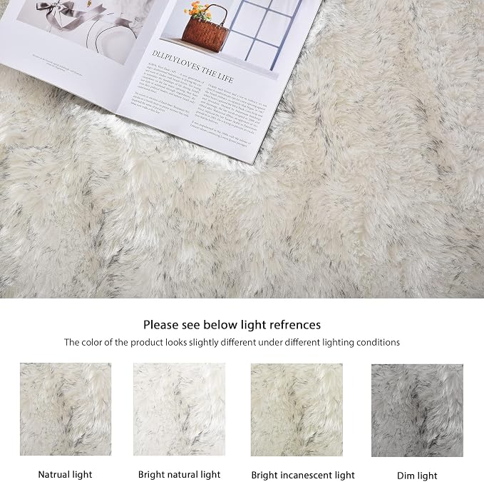 ORINOVA White and Grey Shaggy Round Rugs 6.6ft Large Circle Washable Faux - Image 8