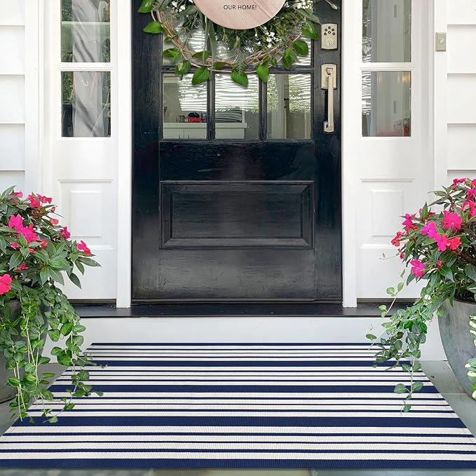 IOHOUZE Navy and White Striped Rug 2.3'x3.6' Front Door Rugs Outdoor, Small by iOhouze