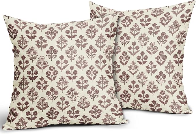 Burgundy Red Floral Pillow Covers 24x24 Inch Set of 2, Vintage Flower Block - Image 2