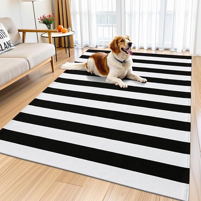 OLANLY Black and White Striped Rug 4' x 6' – Washable Cotton Indoor Outdoor - Image 3