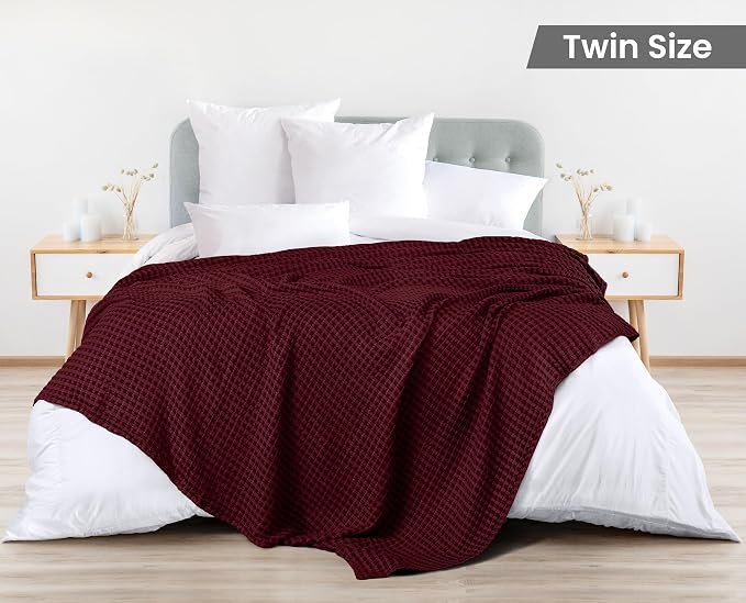 Utopia Bedding Burgundy 100% Cotton Waffle Blanket 300 GSM Soft Lightweight - Image 2