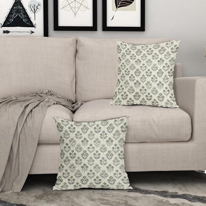 Green Grey Gray Floral Block Print Pillow Covers 16x16 Inch Set of 2, Vintage - Image 3