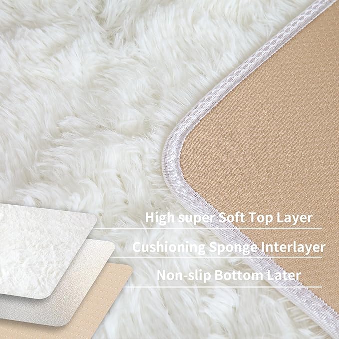 KCHOWUA Ceam White Fluffy Shag Large Area Rug - Image 4