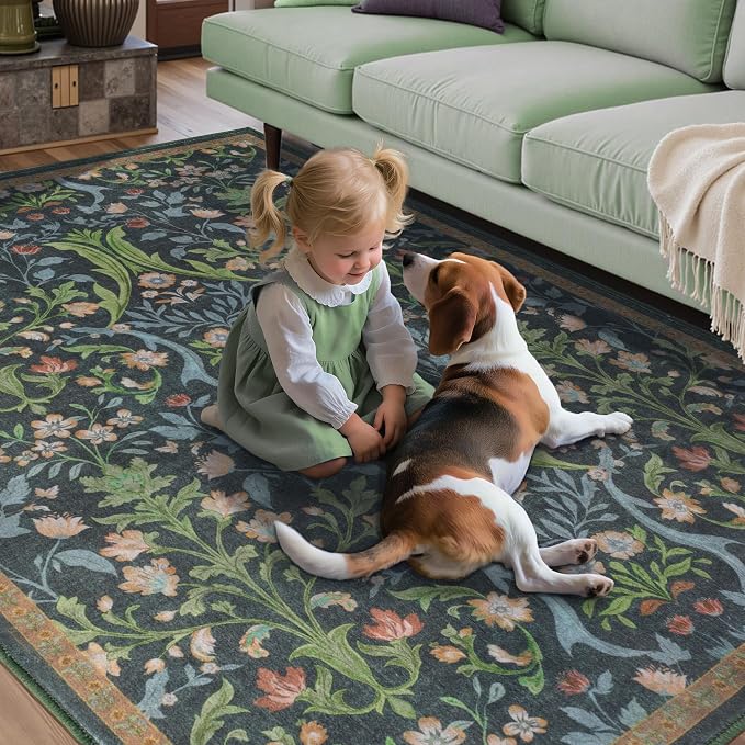 Tangsoo 5x7 Area Rug for Living Room Non Slip, Washable Vintage Green Floral - Image 8